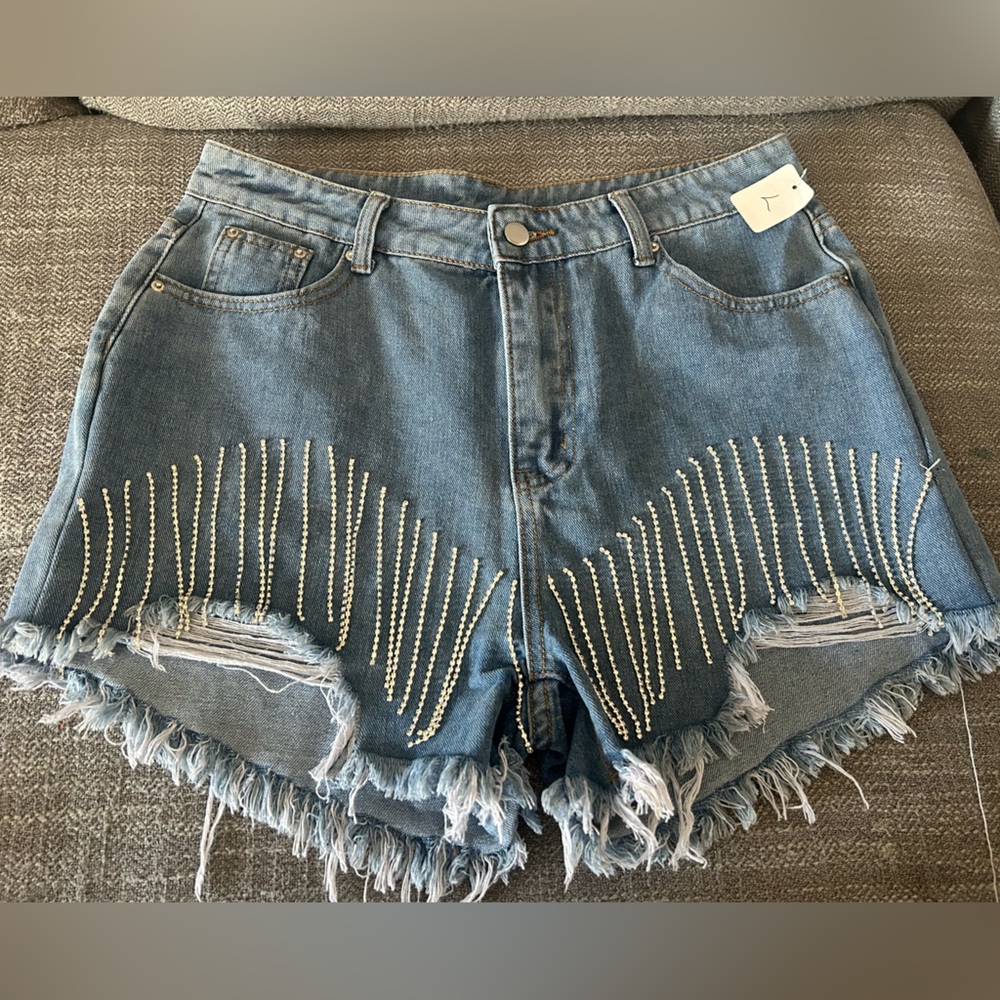 NWT! Frayed Denim Shorts with Rhinestone Detailing